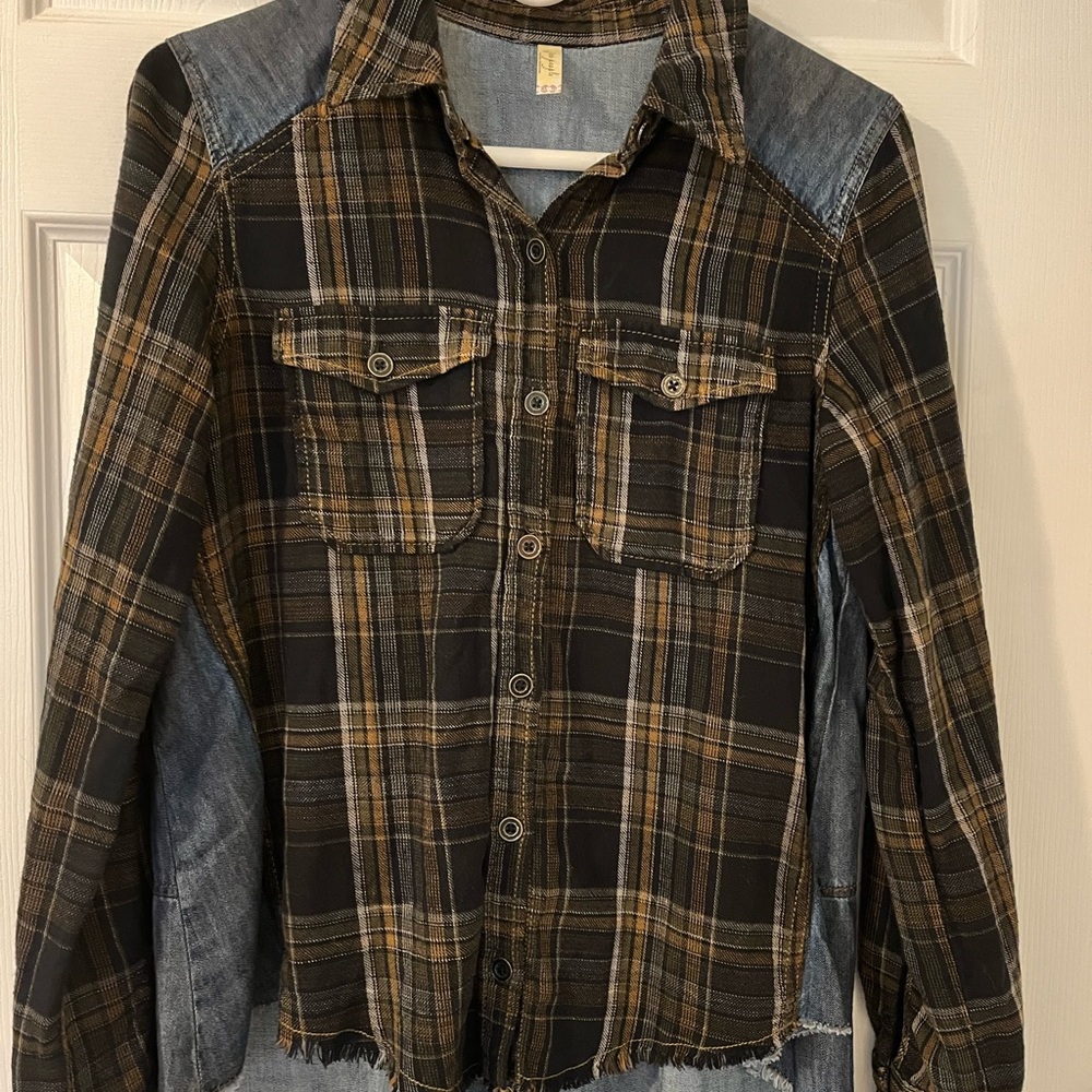 Free People Black and Brown Plaid Button-Down Shirt with denim on back
